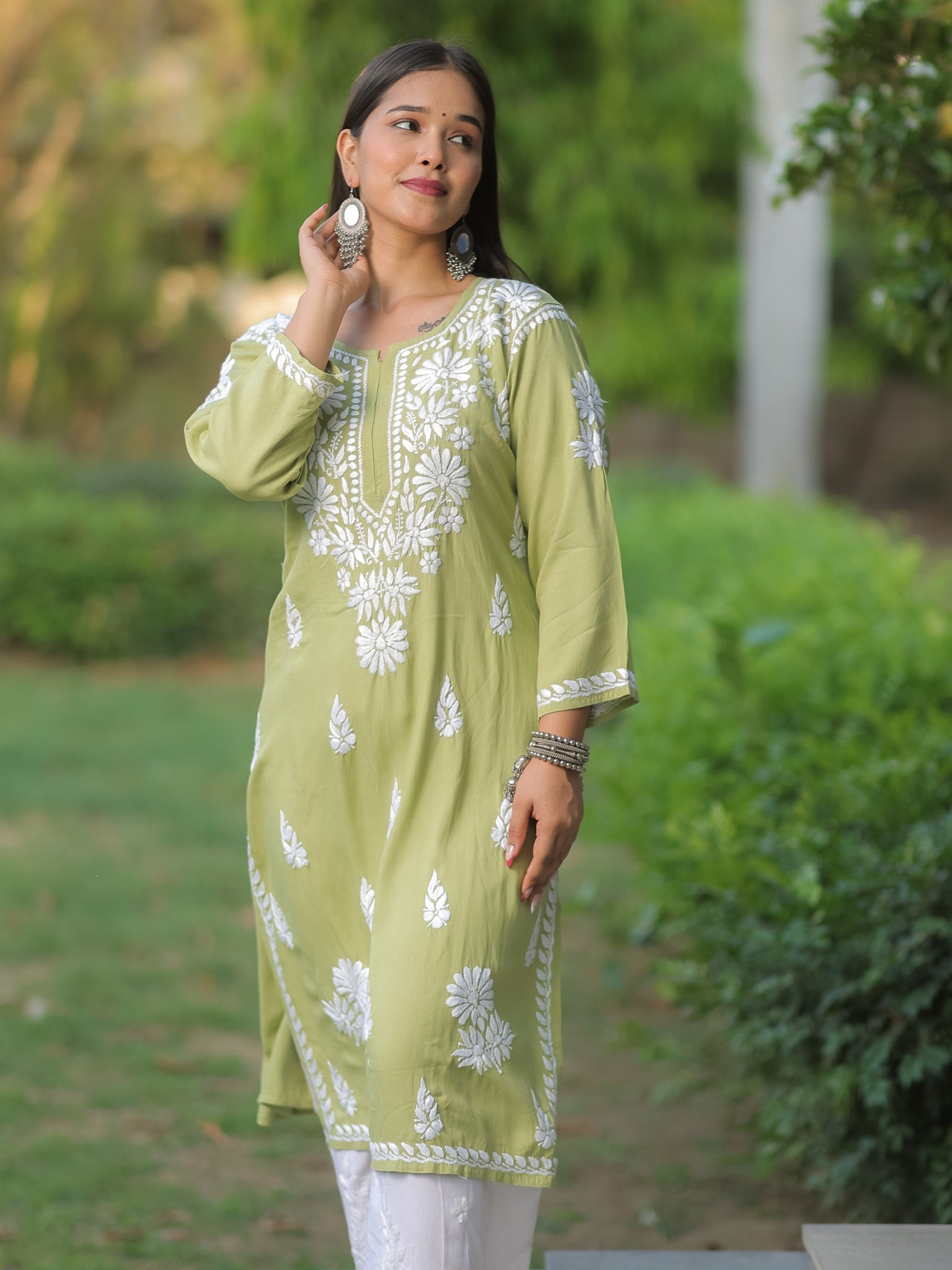 Readymade Floral Heavy Chikankari Rayon Kurti- Green