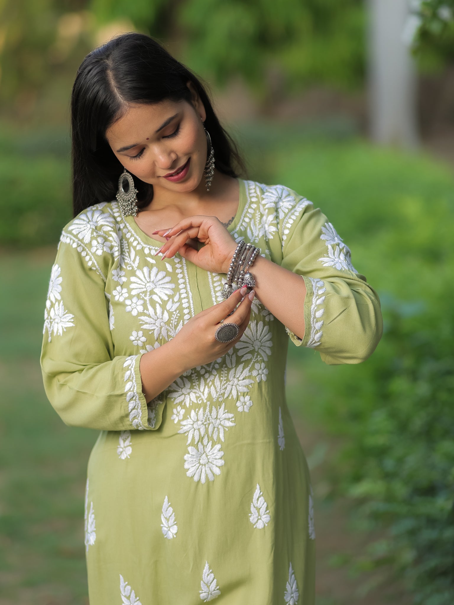 Readymade Floral Heavy Chikankari Rayon Kurti- Green