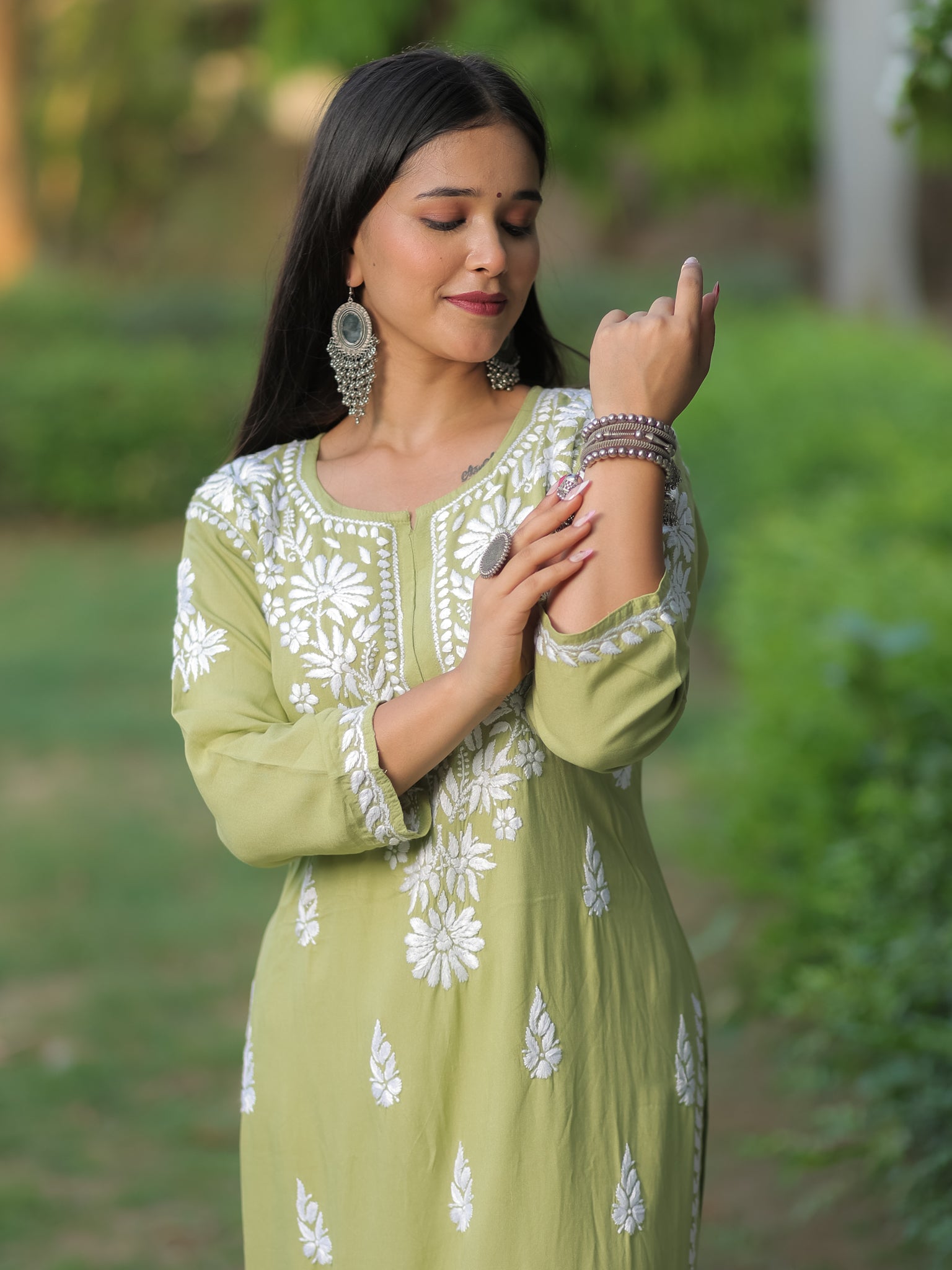 Readymade Floral Heavy Chikankari Rayon Kurti- Green