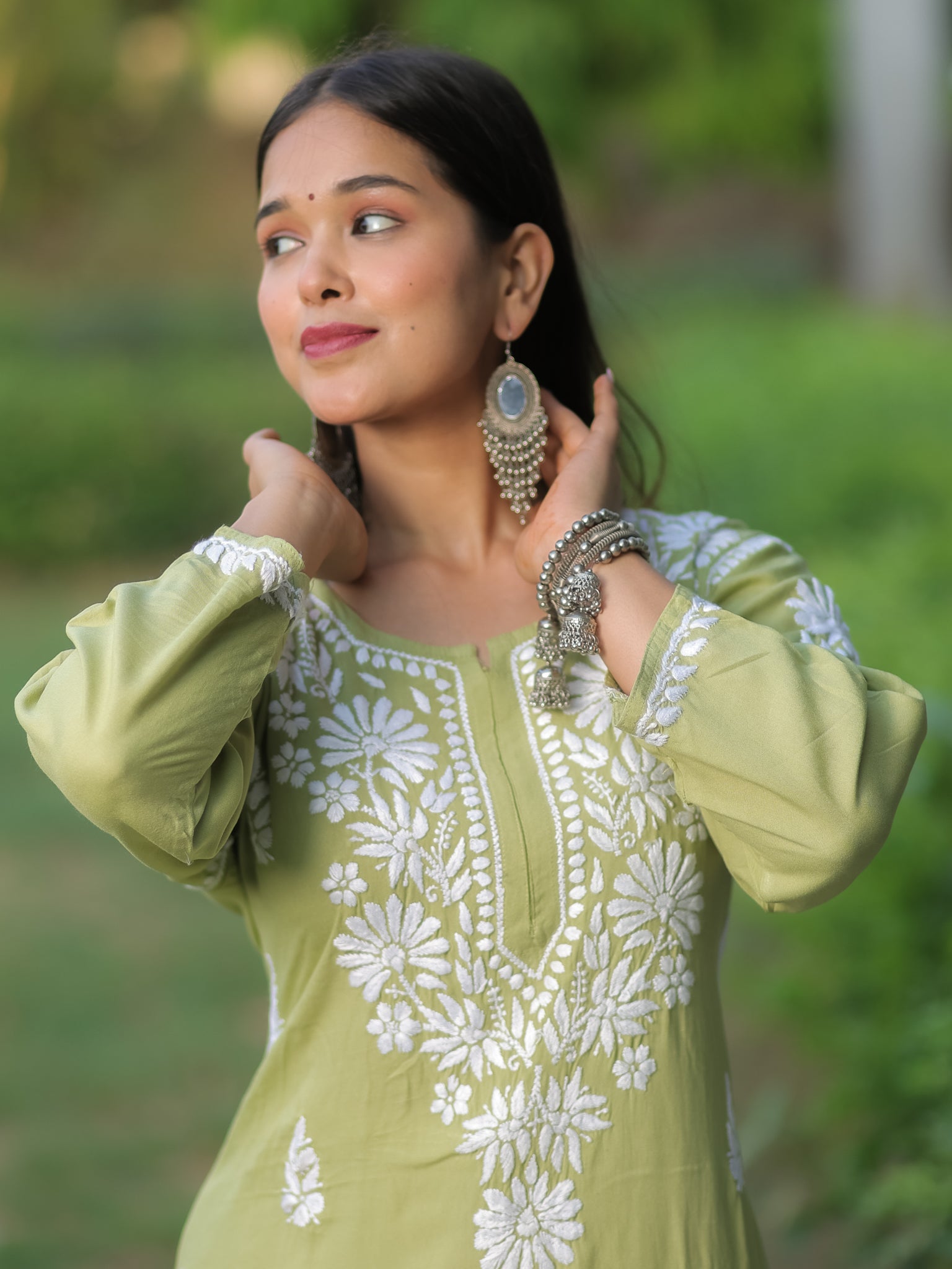 Readymade Floral Heavy Chikankari Rayon Kurti- Green