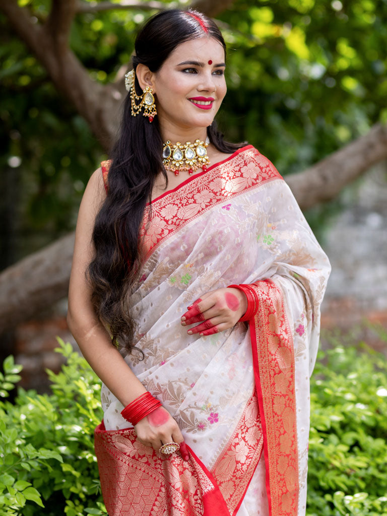 Banarasi Cotton Silk Saree with Meenakari Jaal Weaving& Contrast Border-Off White & Red