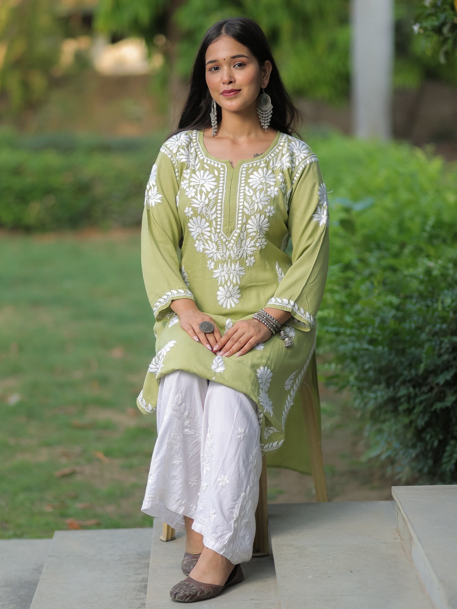 Readymade Floral Heavy Chikankari Rayon Kurti- Green