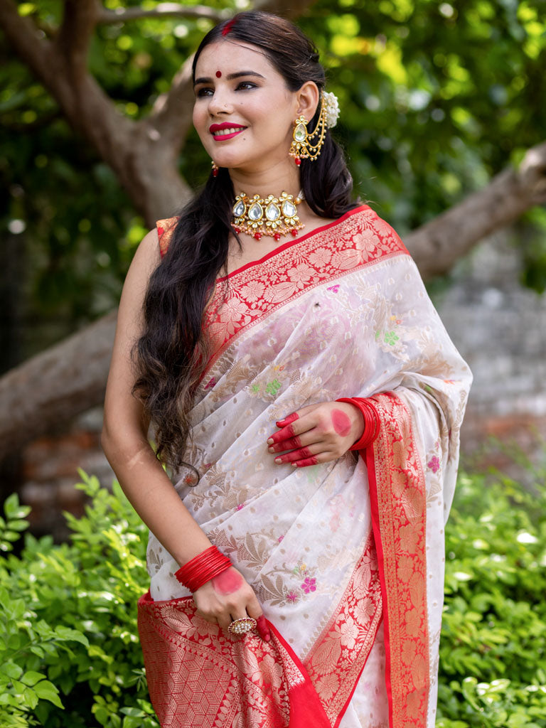 Banarasi Cotton Silk Saree with Meenakari Jaal Weaving& Contrast Border-Off White & Red