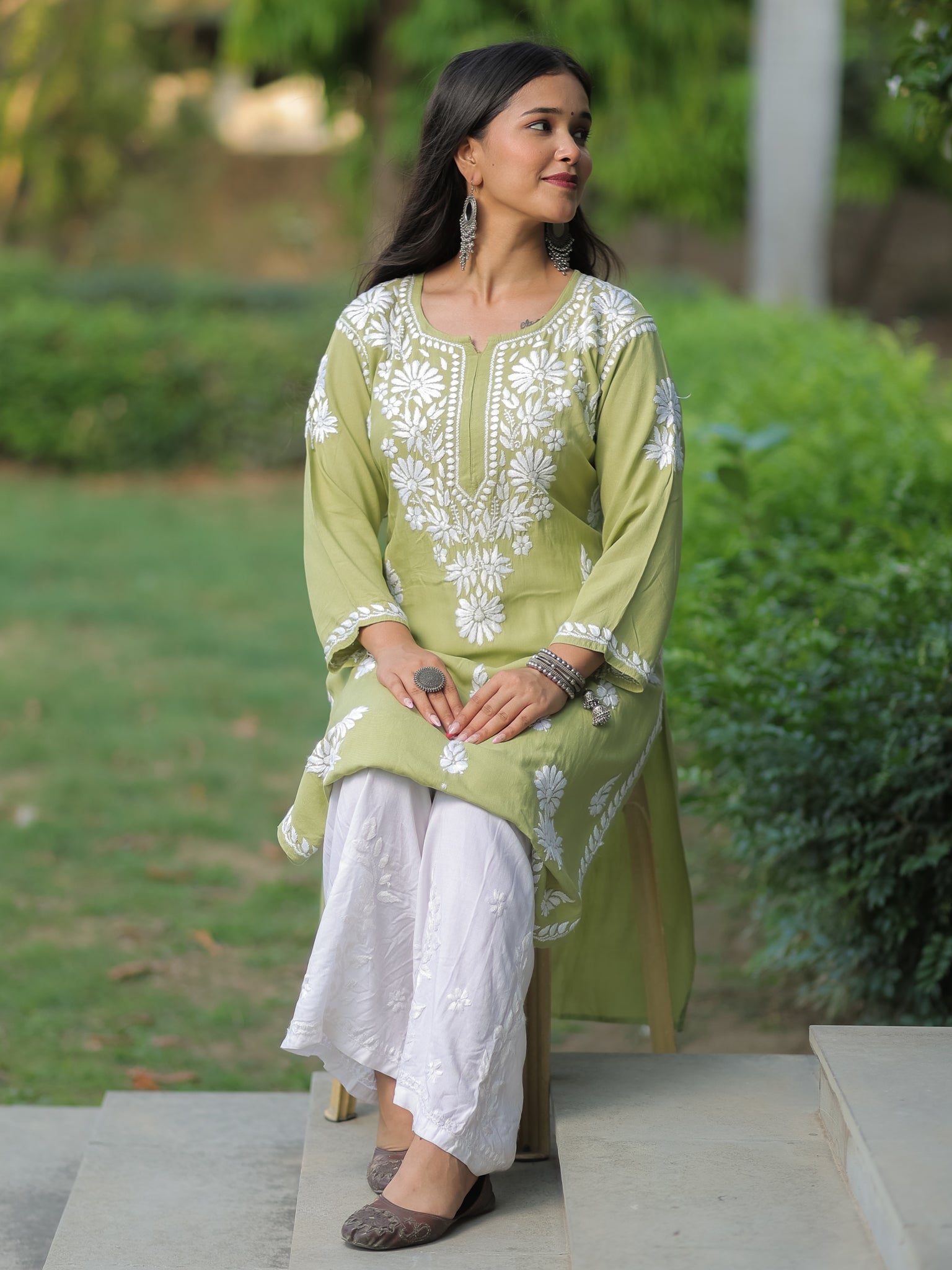 Readymade Floral Heavy Chikankari Rayon Kurti- Green