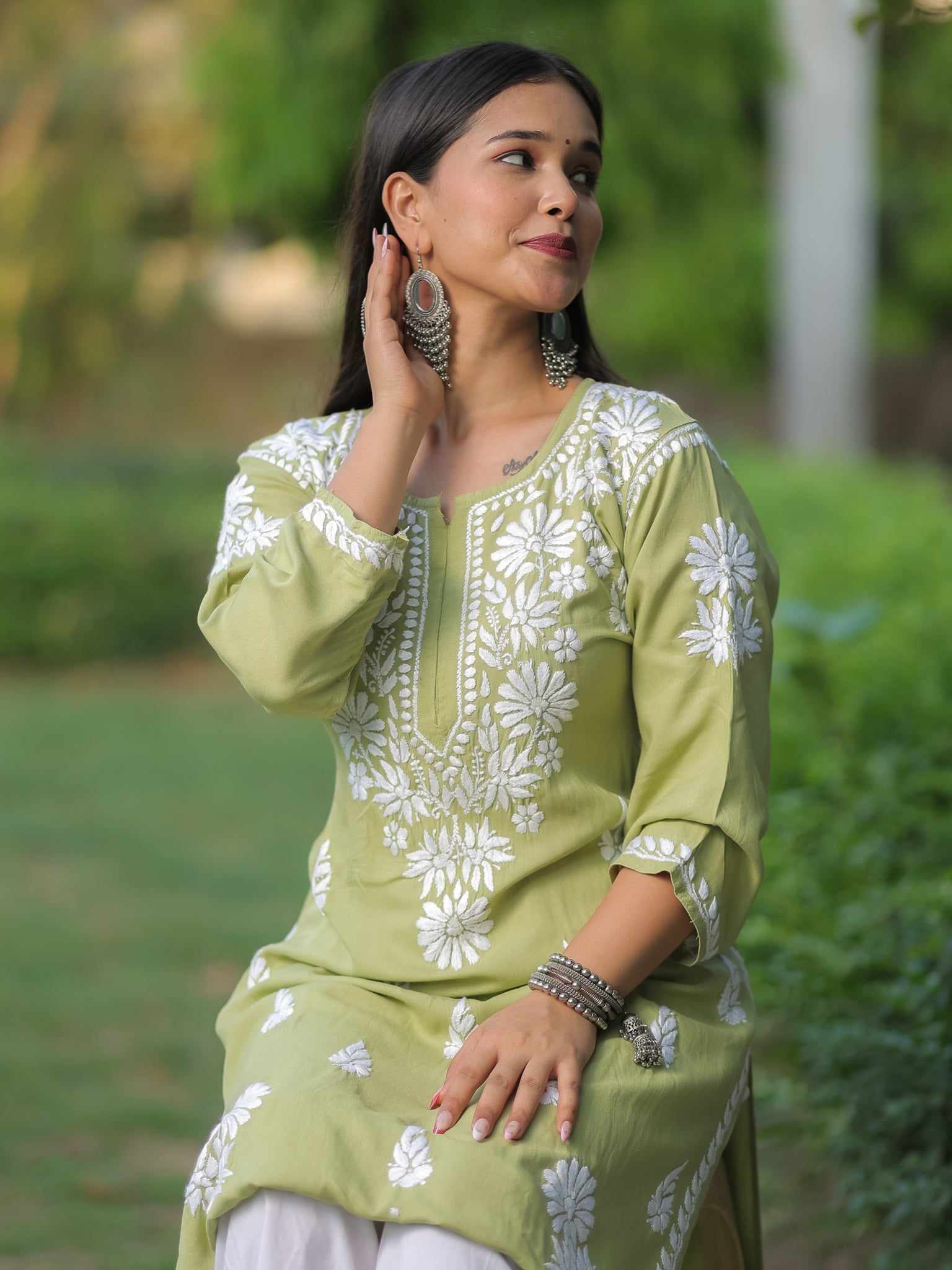 Readymade Floral Heavy Chikankari Rayon Kurti- Green