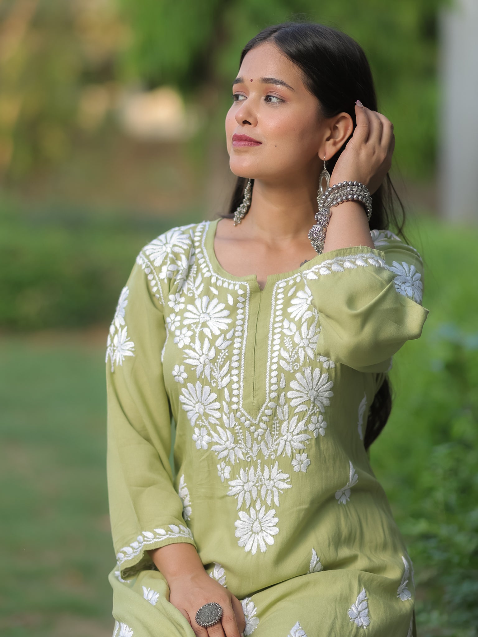 Readymade Floral Heavy Chikankari Rayon Kurti- Green