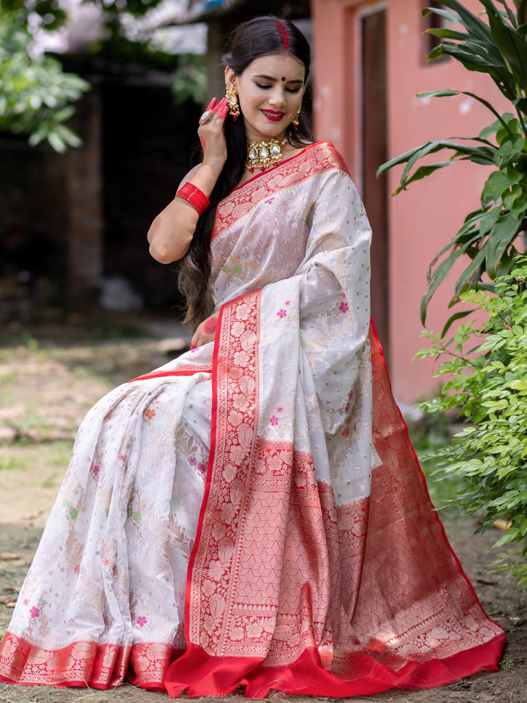 Banarasi Cotton Silk Saree with Meenakari Jaal Weaving& Contrast Border-Off White & Red