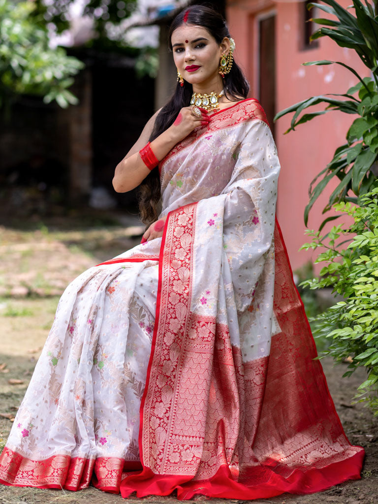 Banarasi Cotton Silk Saree with Meenakari Jaal Weaving& Contrast Border-Off White & Red