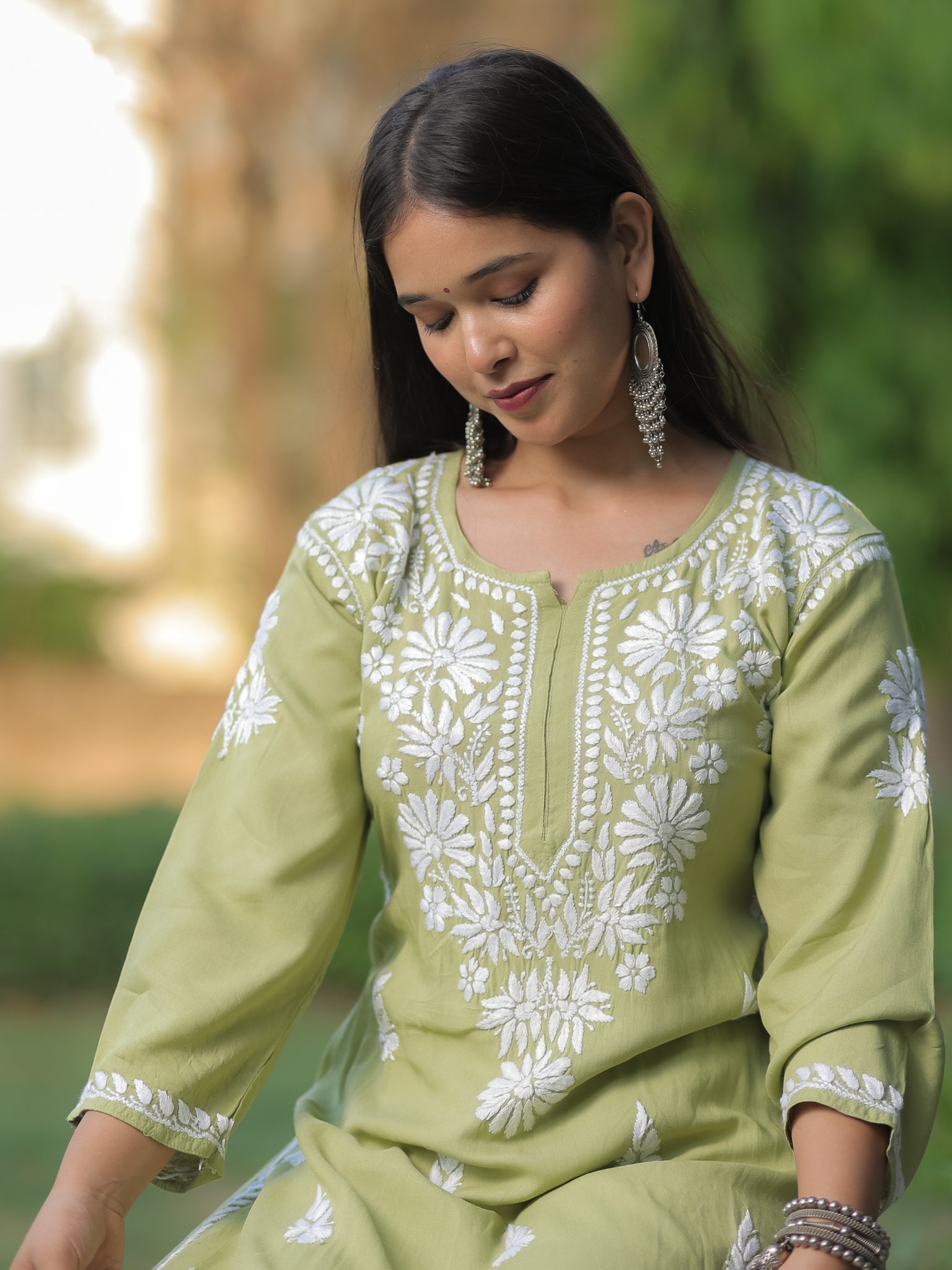 Readymade Floral Heavy Chikankari Rayon Kurti- Green