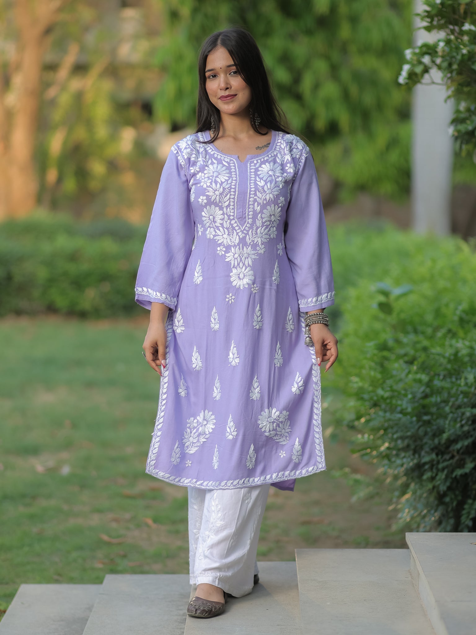 Readymade Floral Heavy Chikankari Rayon Kurti- Lavender