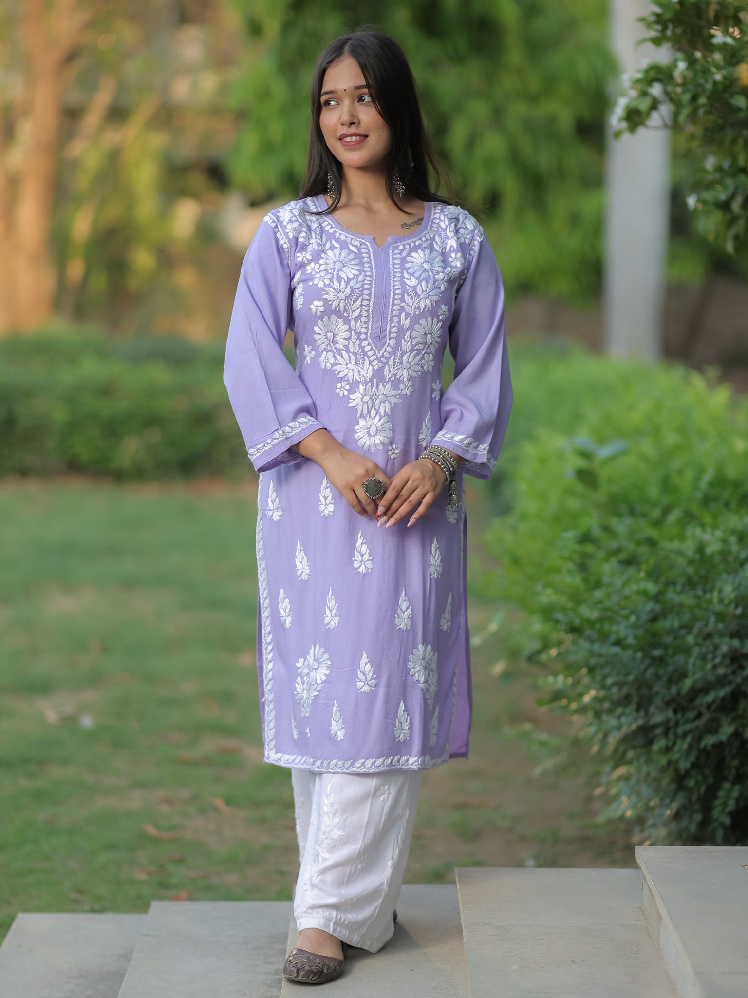 Readymade Floral Heavy Chikankari Rayon Kurti- Lavender