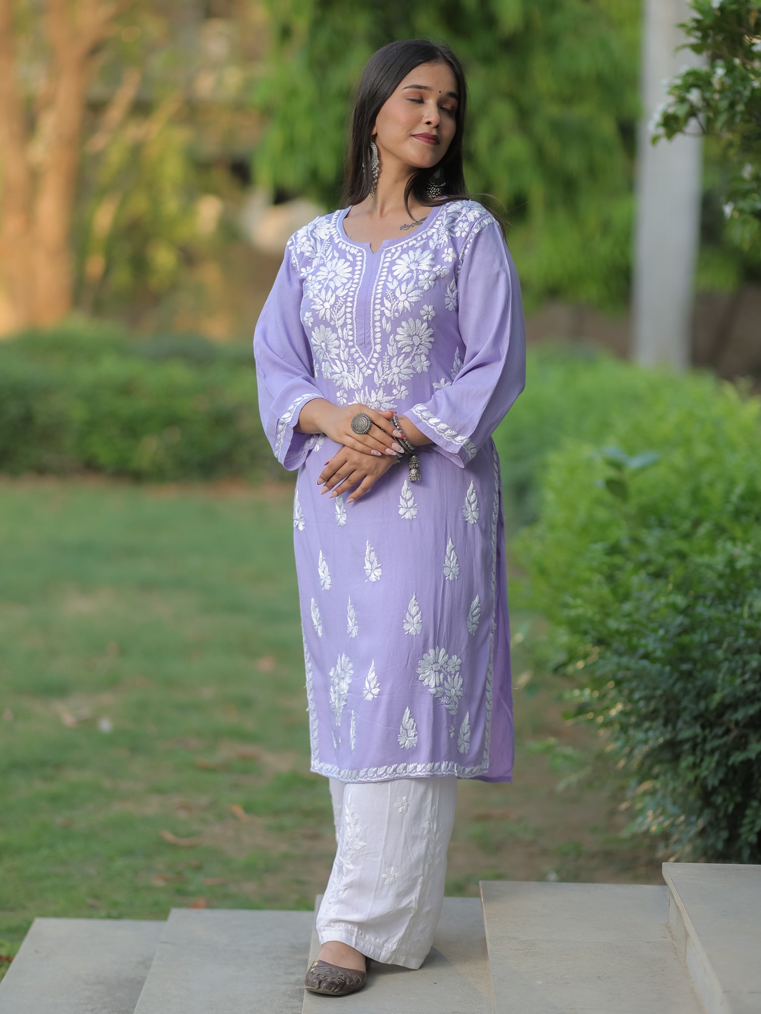 Readymade Floral Heavy Chikankari Rayon Kurti- Lavender