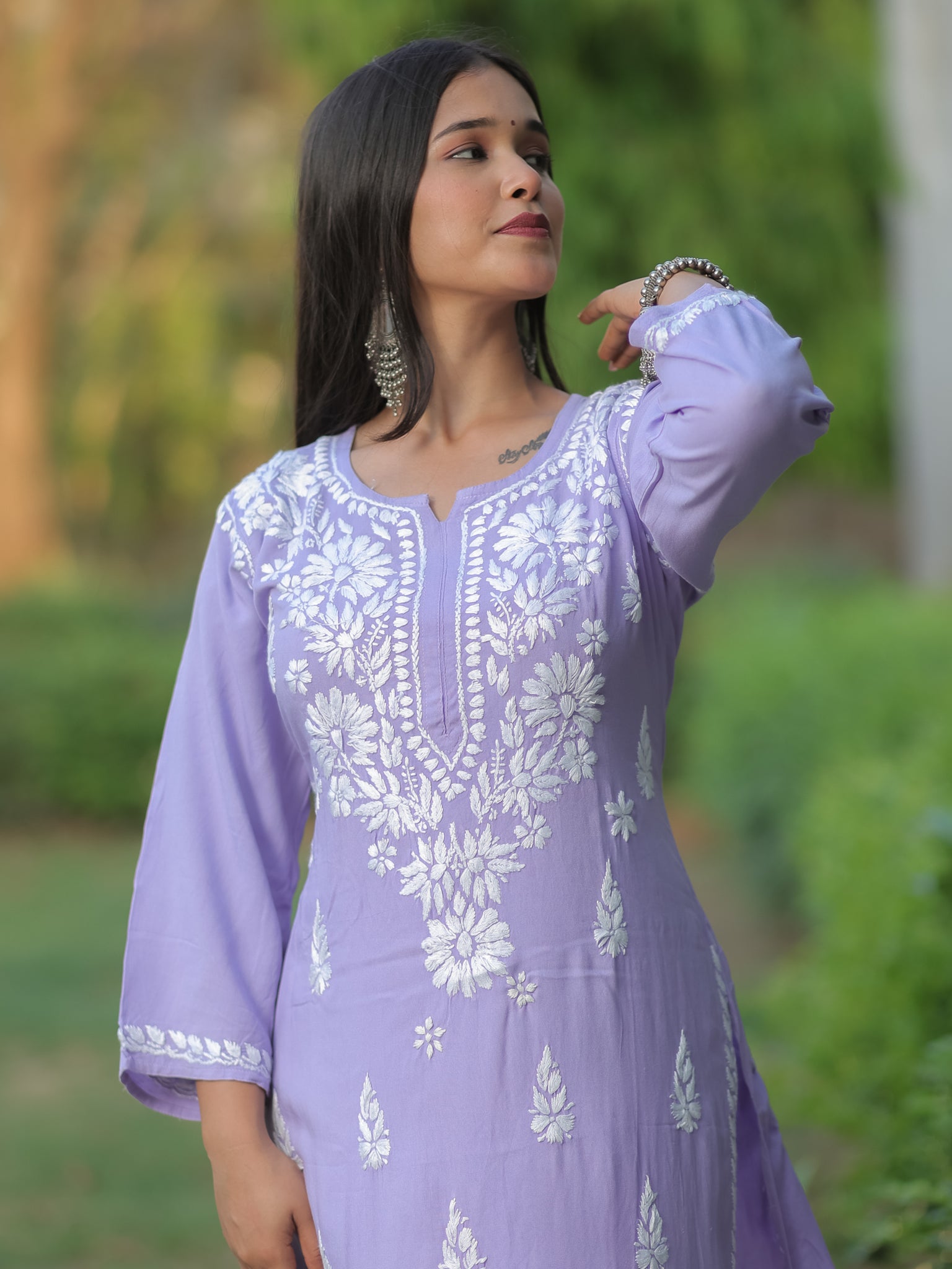 Readymade Floral Heavy Chikankari Rayon Kurti- Lavender