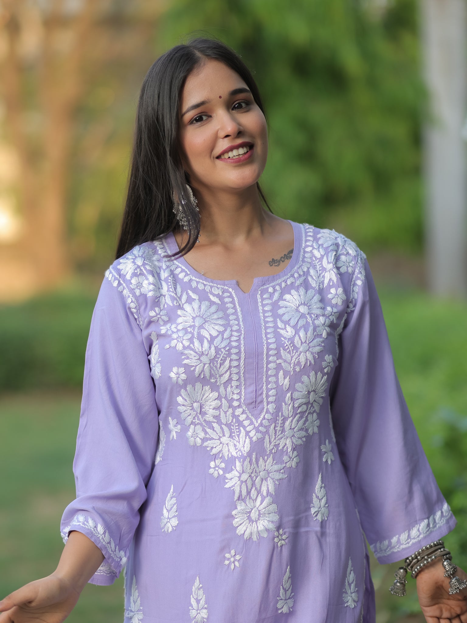 Readymade Floral Heavy Chikankari Rayon Kurti- Lavender
