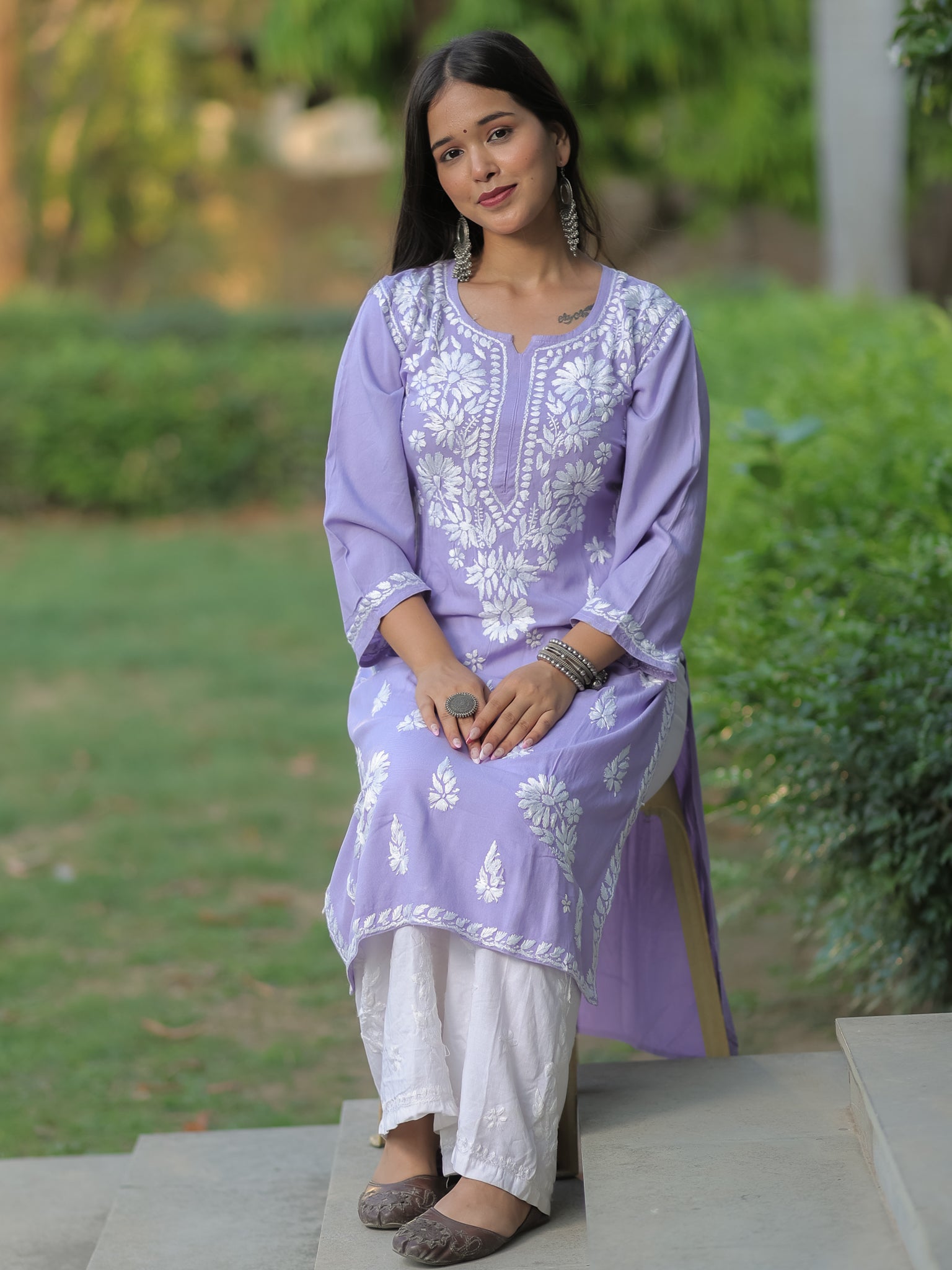 Readymade Floral Heavy Chikankari Rayon Kurti- Lavender