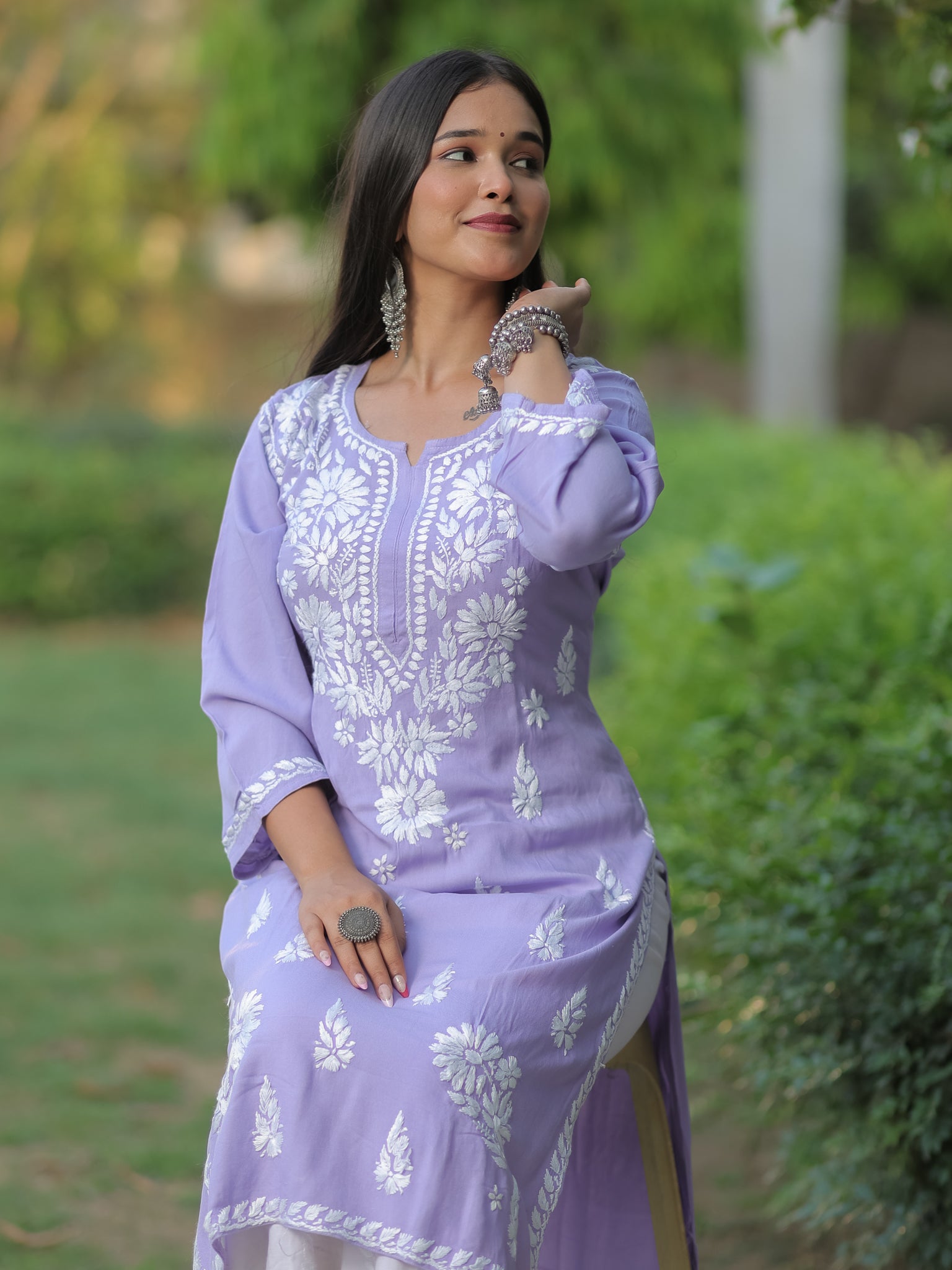 Readymade Floral Heavy Chikankari Rayon Kurti- Lavender