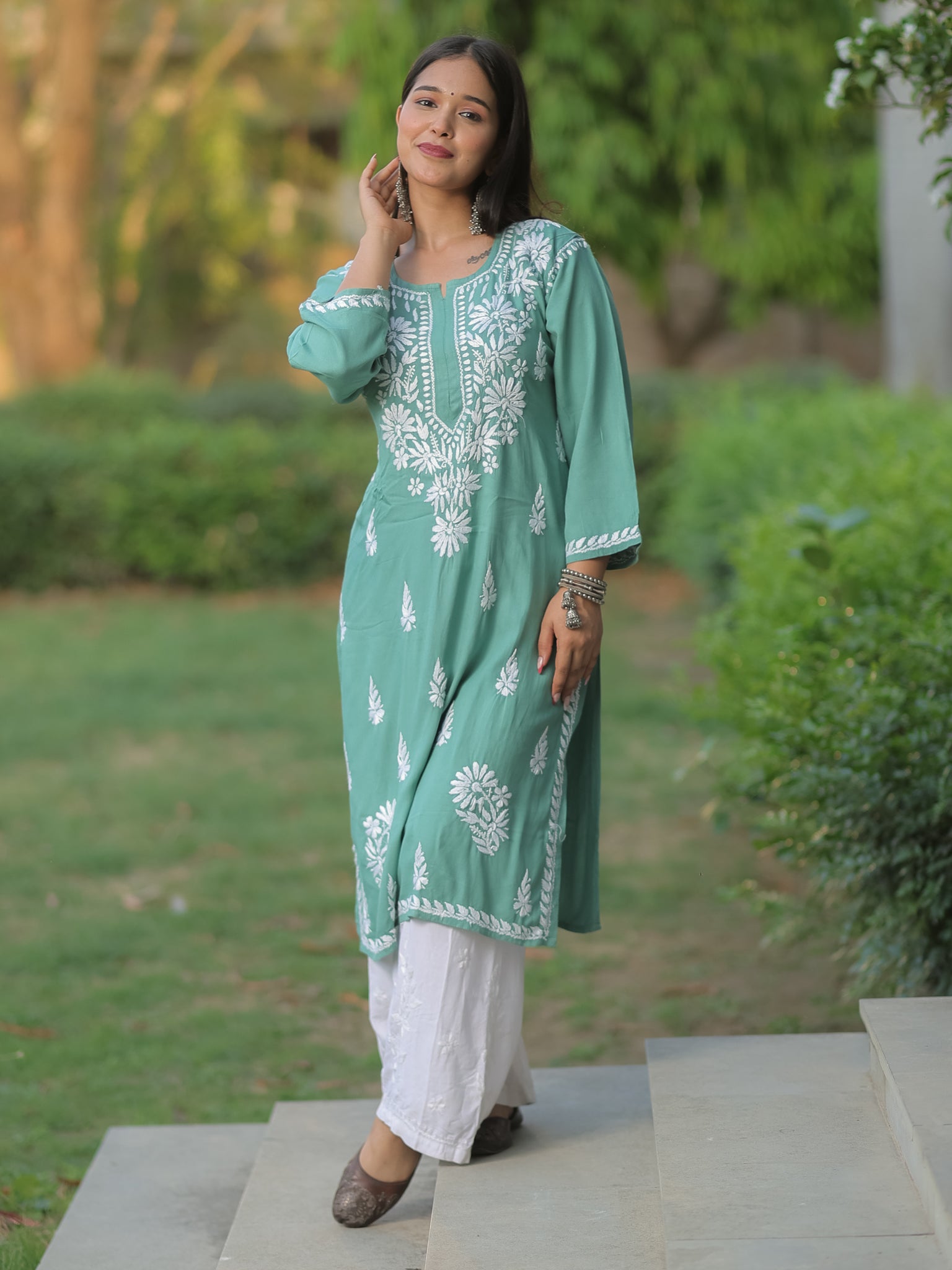 Readymade Floral Heavy Chikankari Rayon Kurti- Green