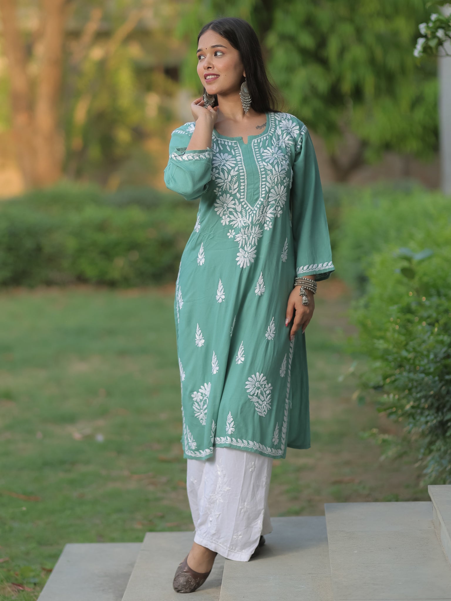 Readymade Floral Heavy Chikankari Rayon Kurti- Green