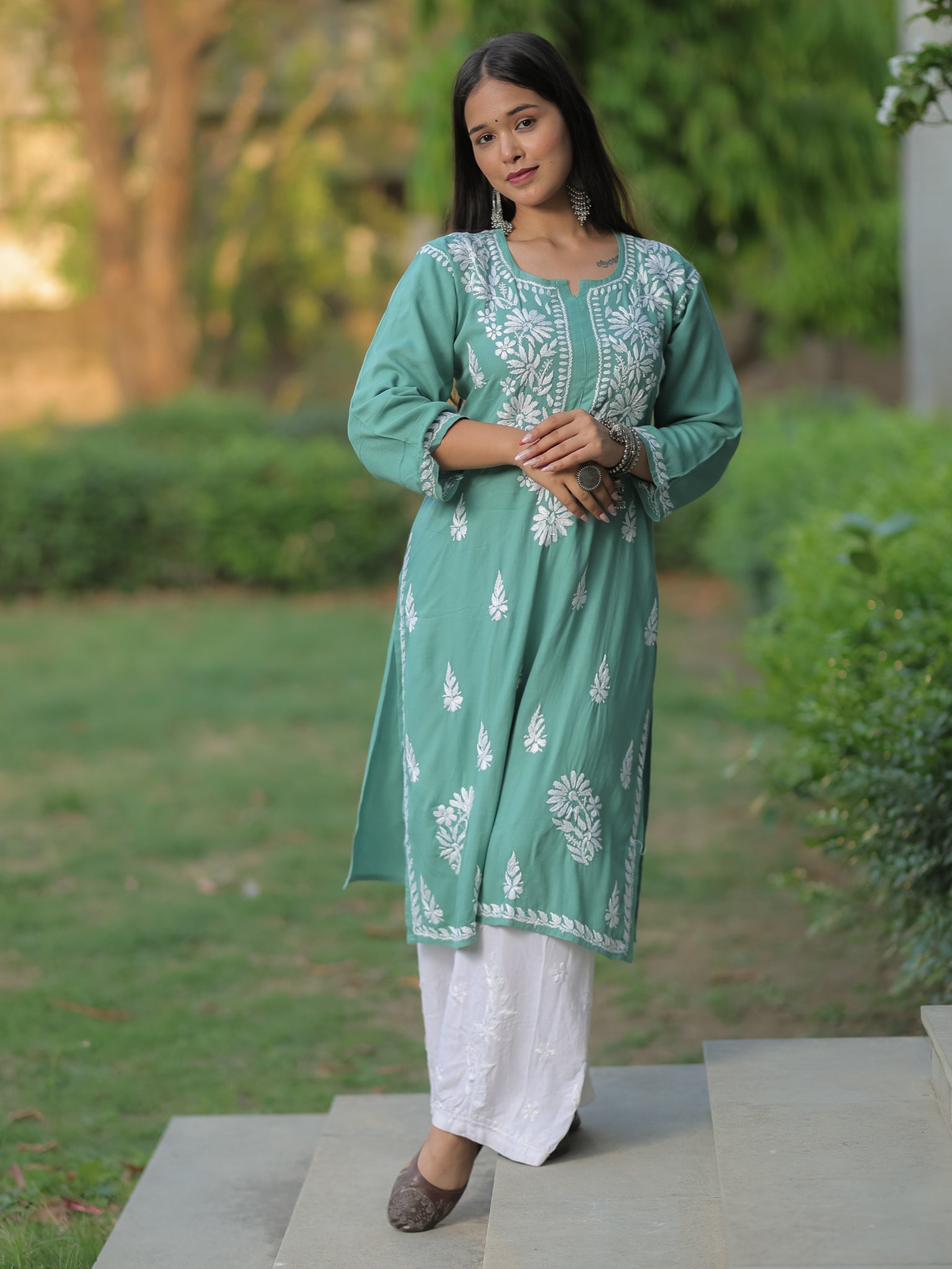 Readymade Floral Heavy Chikankari Rayon Kurti- Green