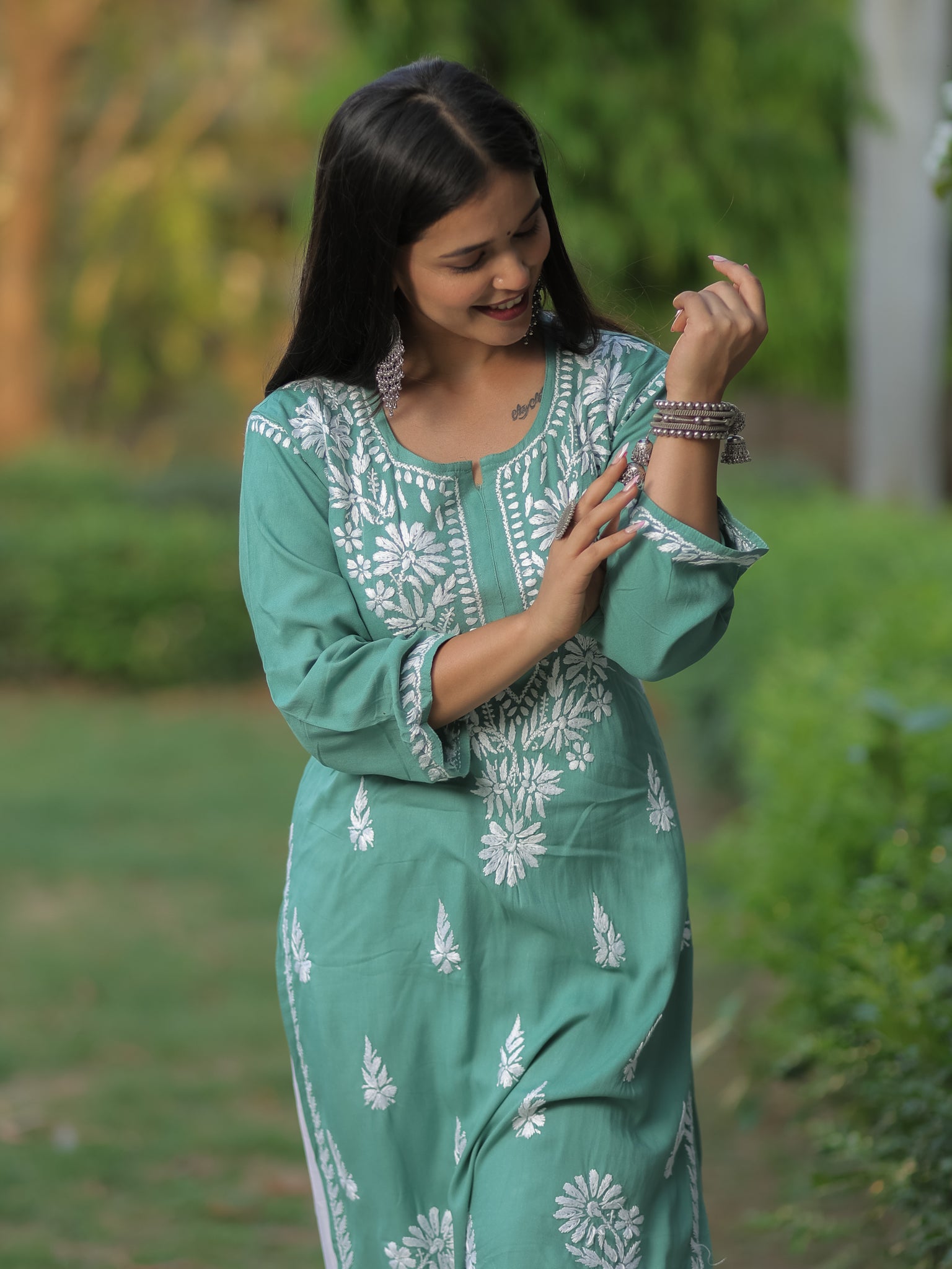 Readymade Floral Heavy Chikankari Rayon Kurti- Green