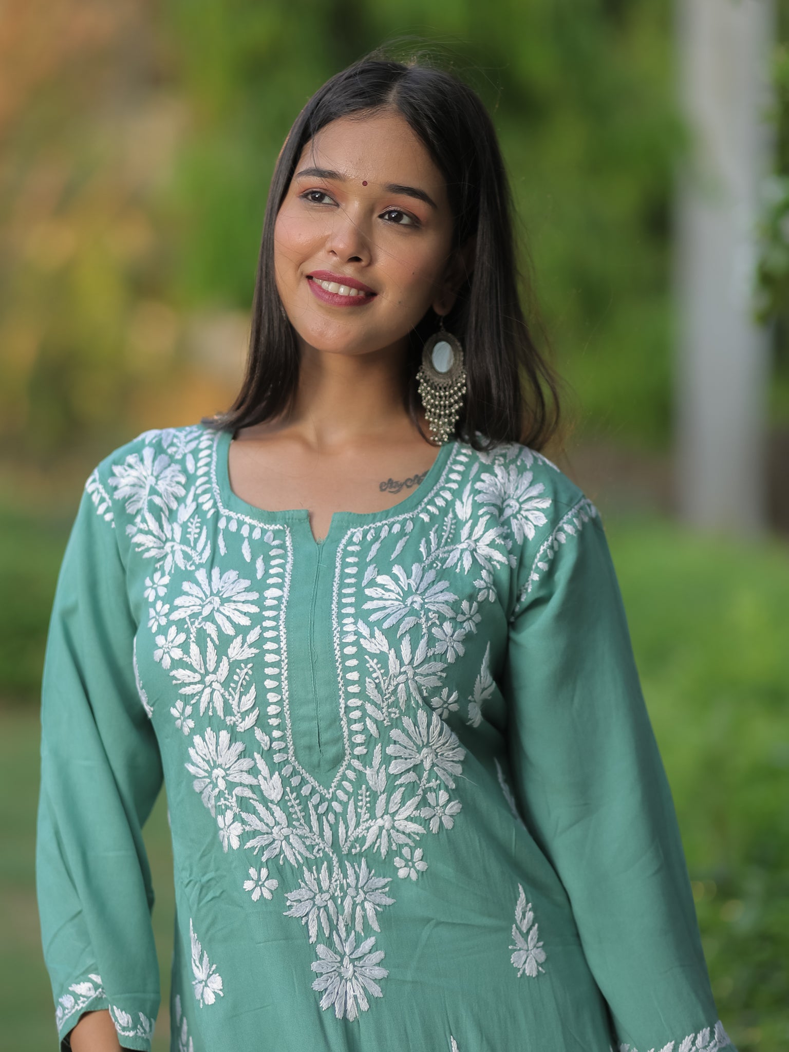 Readymade Floral Heavy Chikankari Rayon Kurti- Green