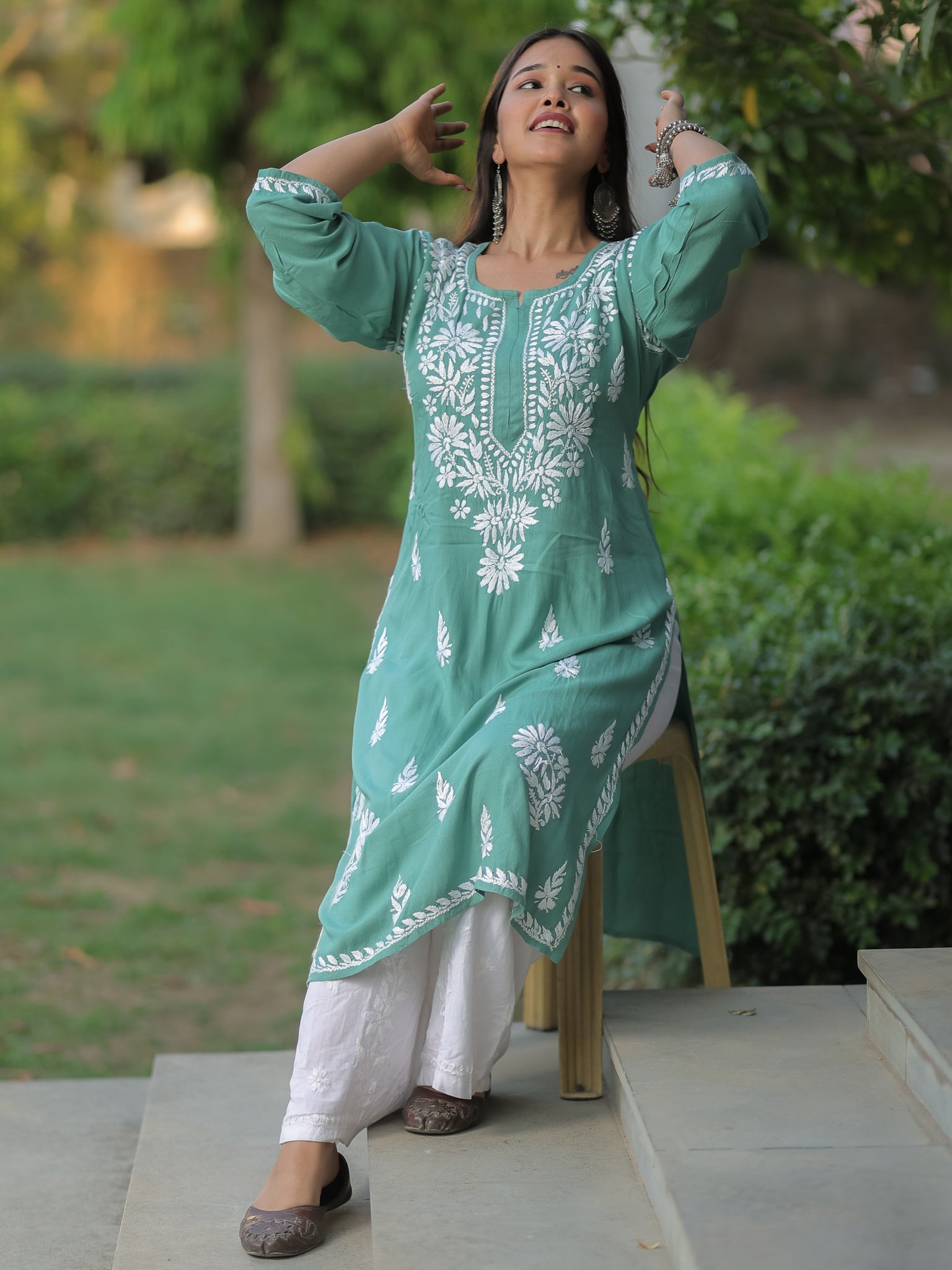 Readymade Floral Heavy Chikankari Rayon Kurti- Green