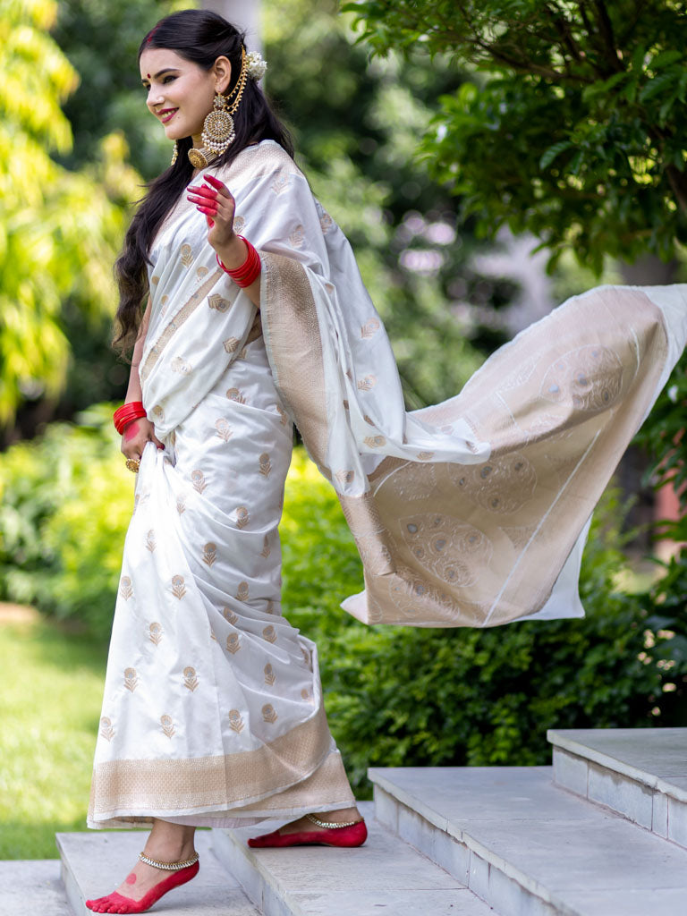 Banarasi Handloom Art Katan Silk Saree With Zari Buti Weaving-White