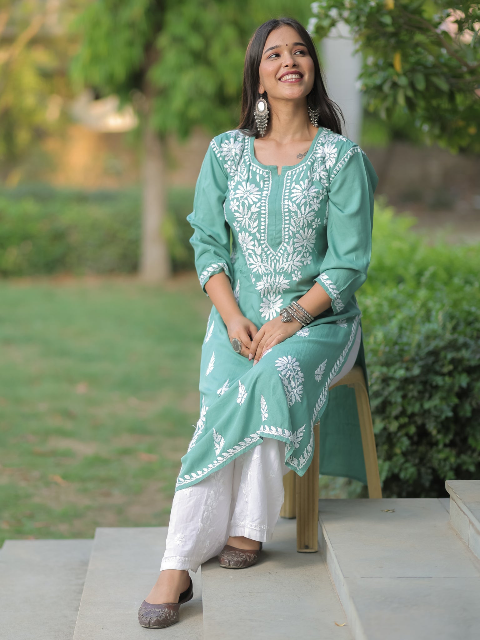 Readymade Floral Heavy Chikankari Rayon Kurti- Green
