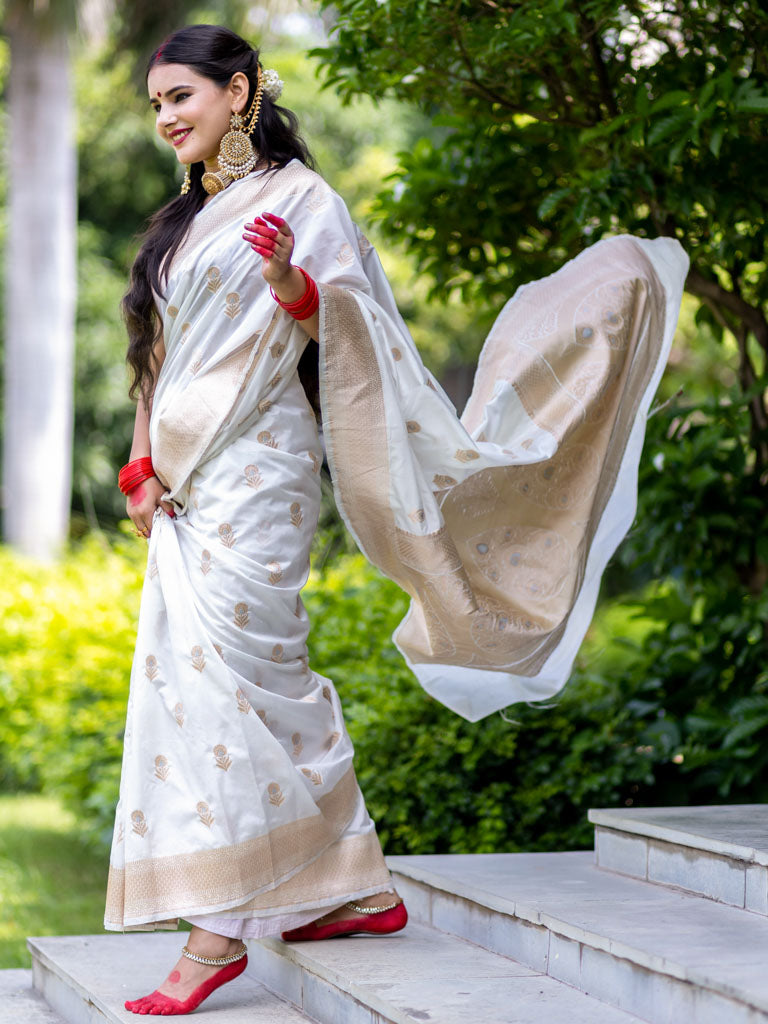 Banarasi Handloom Art Katan Silk Saree With Zari Buti Weaving-White