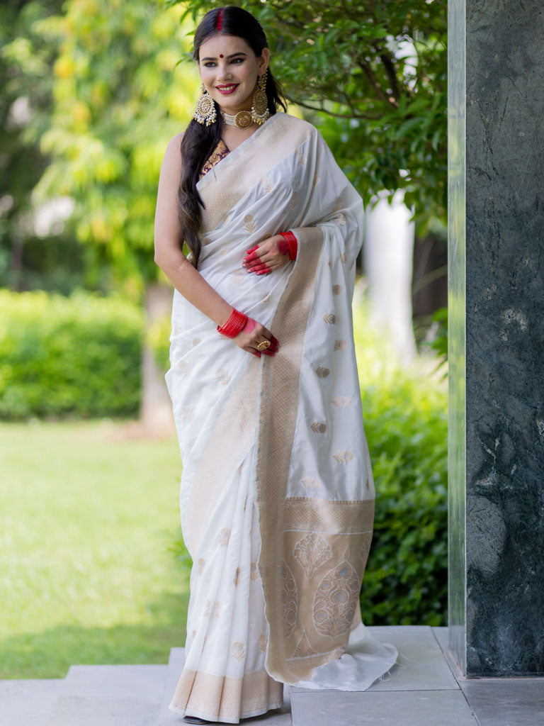 Banarasi Handloom Art Katan Silk Saree With Zari Buti Weaving-White