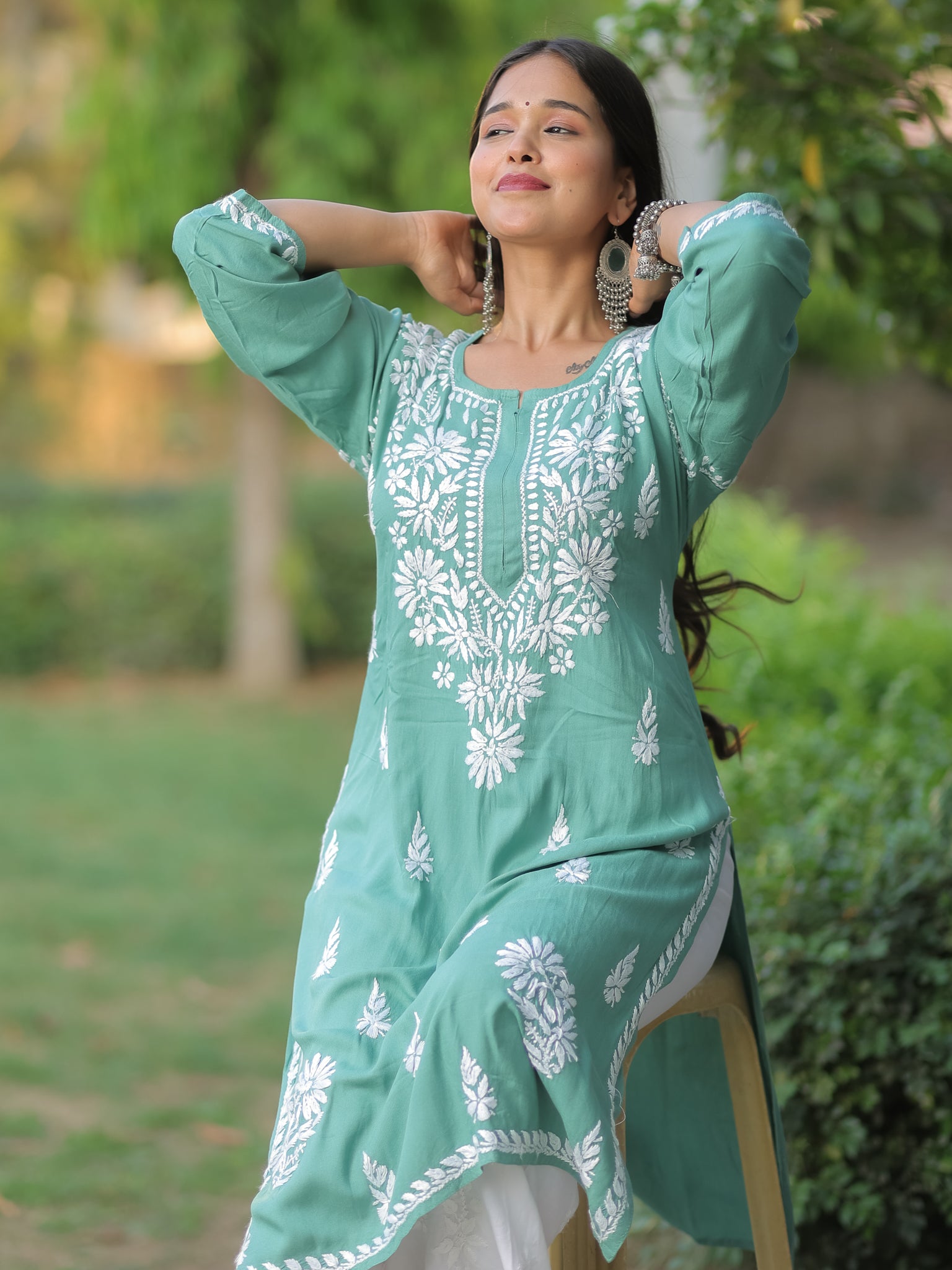 Readymade Floral Heavy Chikankari Rayon Kurti- Green