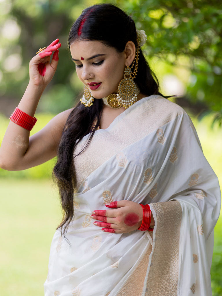 Banarasi Handloom Art Katan Silk Saree With Zari Buti Weaving-White