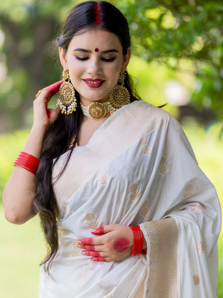 Banarasi Handloom Art Katan Silk Saree With Zari Buti Weaving-White