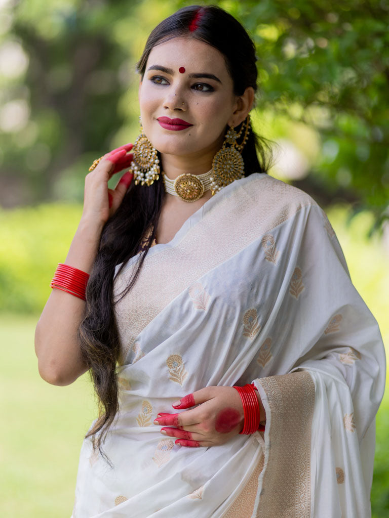 Banarasi Handloom Art Katan Silk Saree With Zari Buti Weaving-White