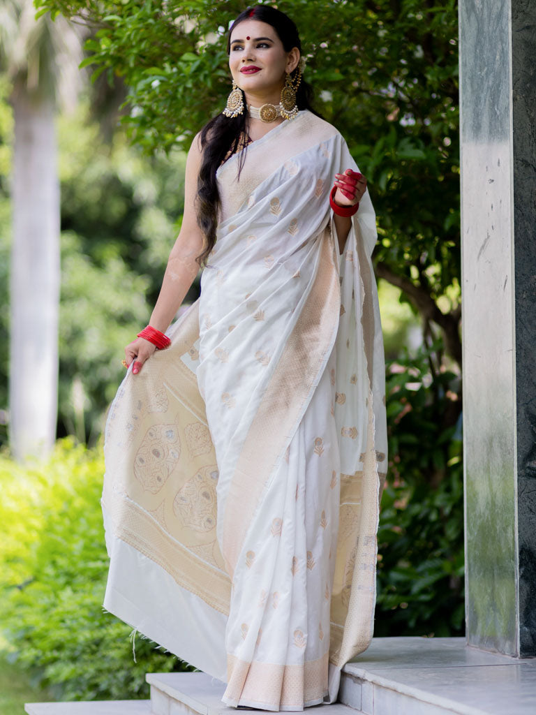Banarasi Handloom Art Katan Silk Saree With Zari Buti Weaving-White