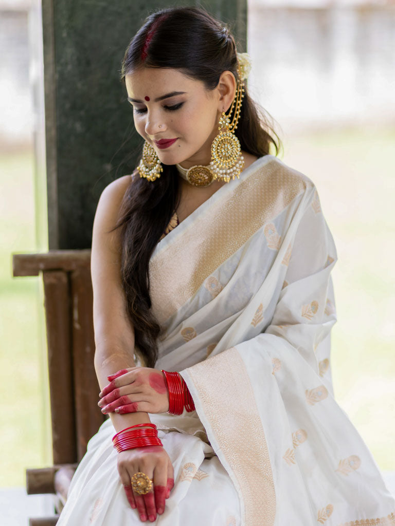 Banarasi Handloom Art Katan Silk Saree With Zari Buti Weaving-White