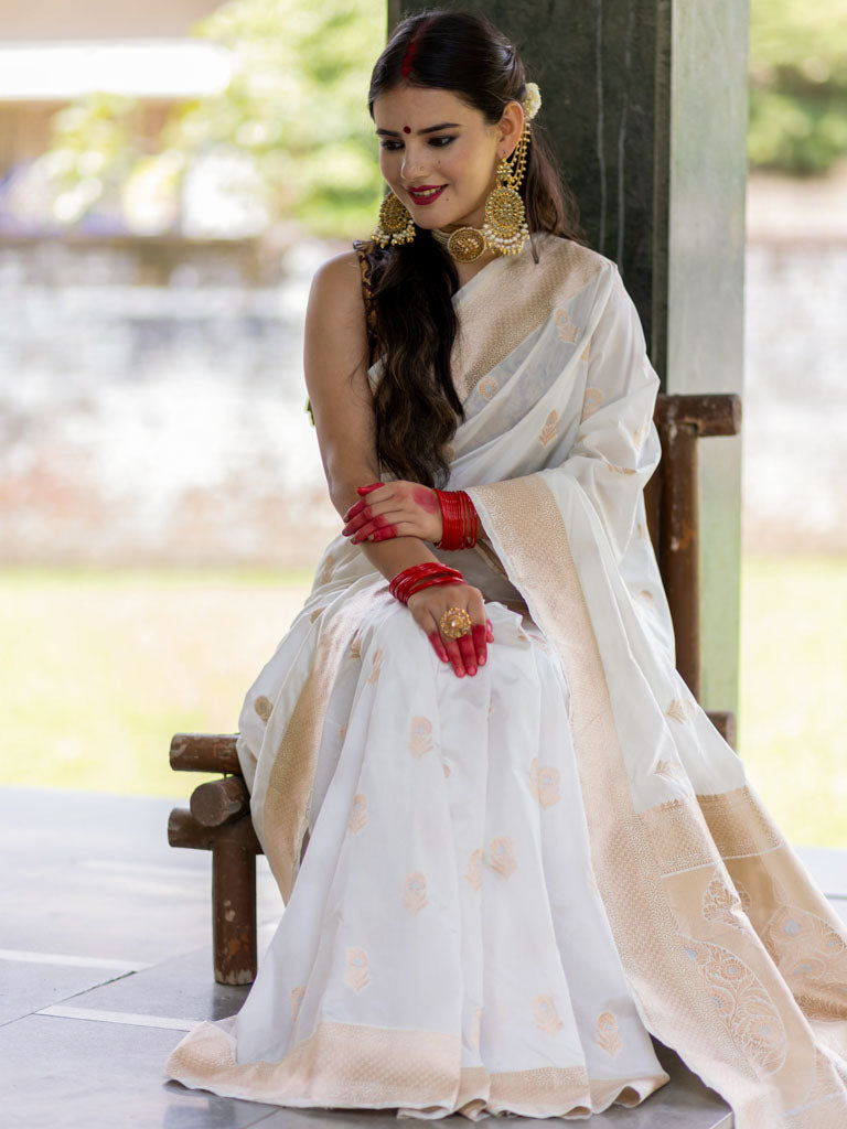 Banarasi Handloom Art Katan Silk Saree With Zari Buti Weaving-White
