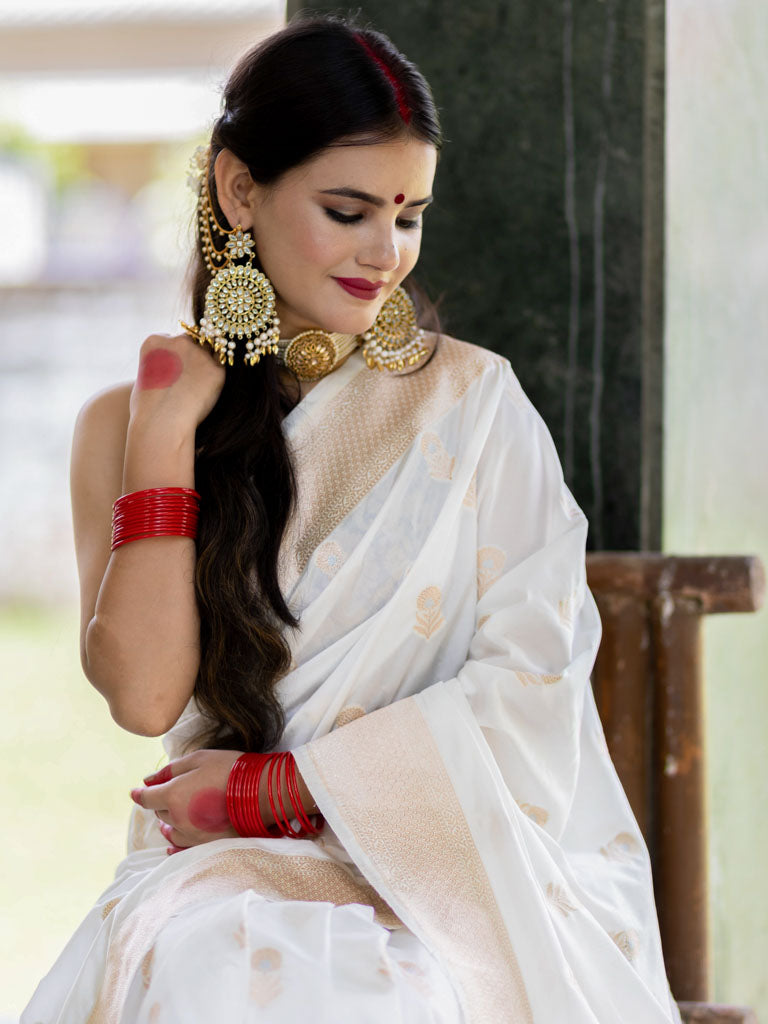 Banarasi Handloom Art Katan Silk Saree With Zari Buti Weaving-White