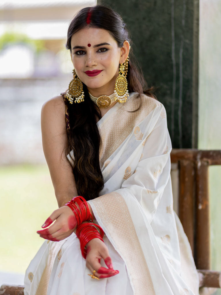 Banarasi Handloom Art Katan Silk Saree With Zari Buti Weaving-White