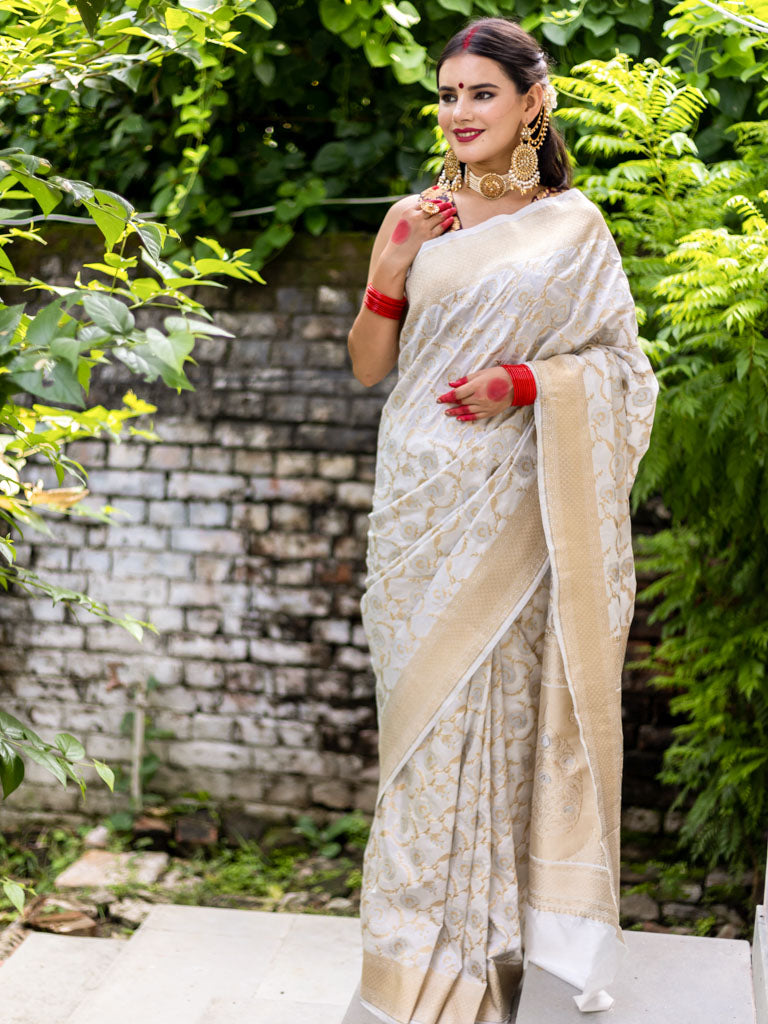Banarasi Handloom Art Katan Silk Saree With Zari Jaal Weaving-White