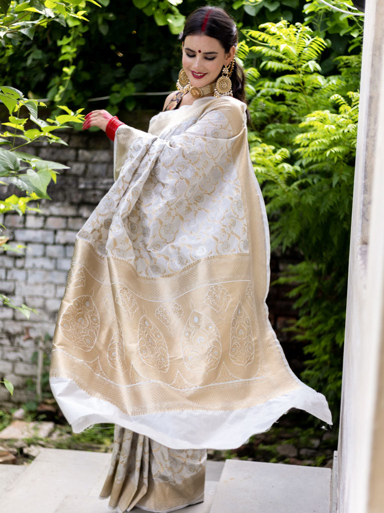 Banarasi Handloom Art Katan Silk Saree With Zari Jaal Weaving-White