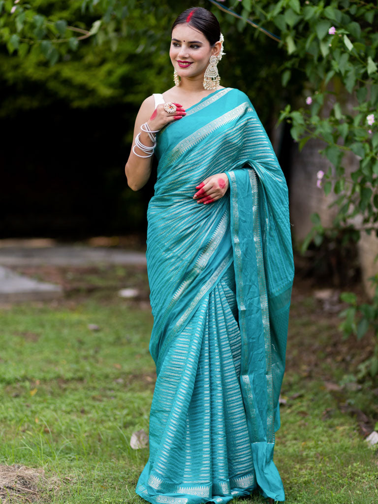 Banarasi Cotton Silk Saree with Satin Border-Blue