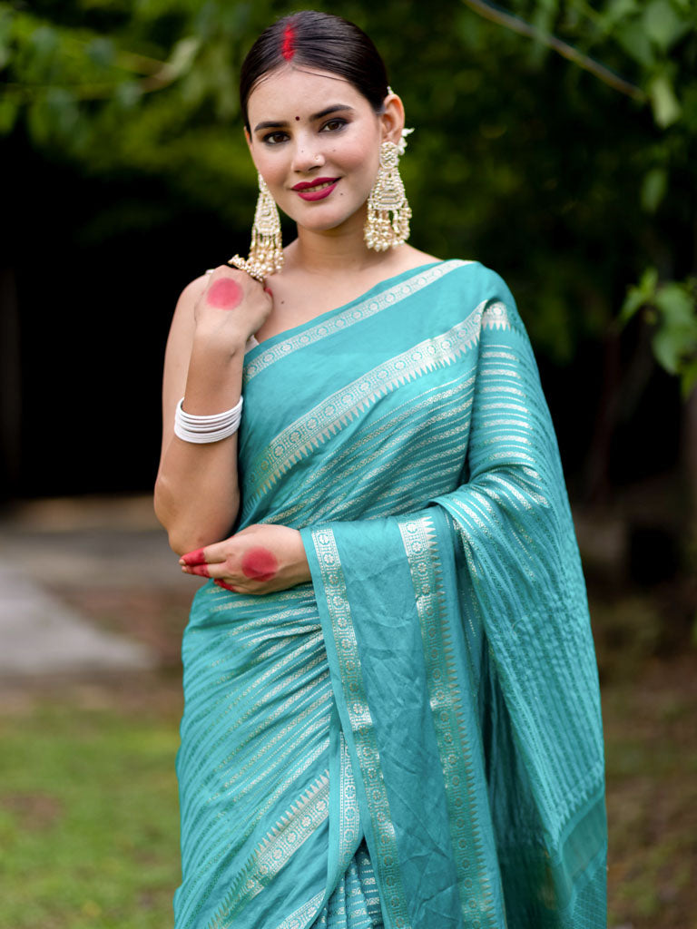 Banarasi Cotton Silk Saree with Satin Border-Blue