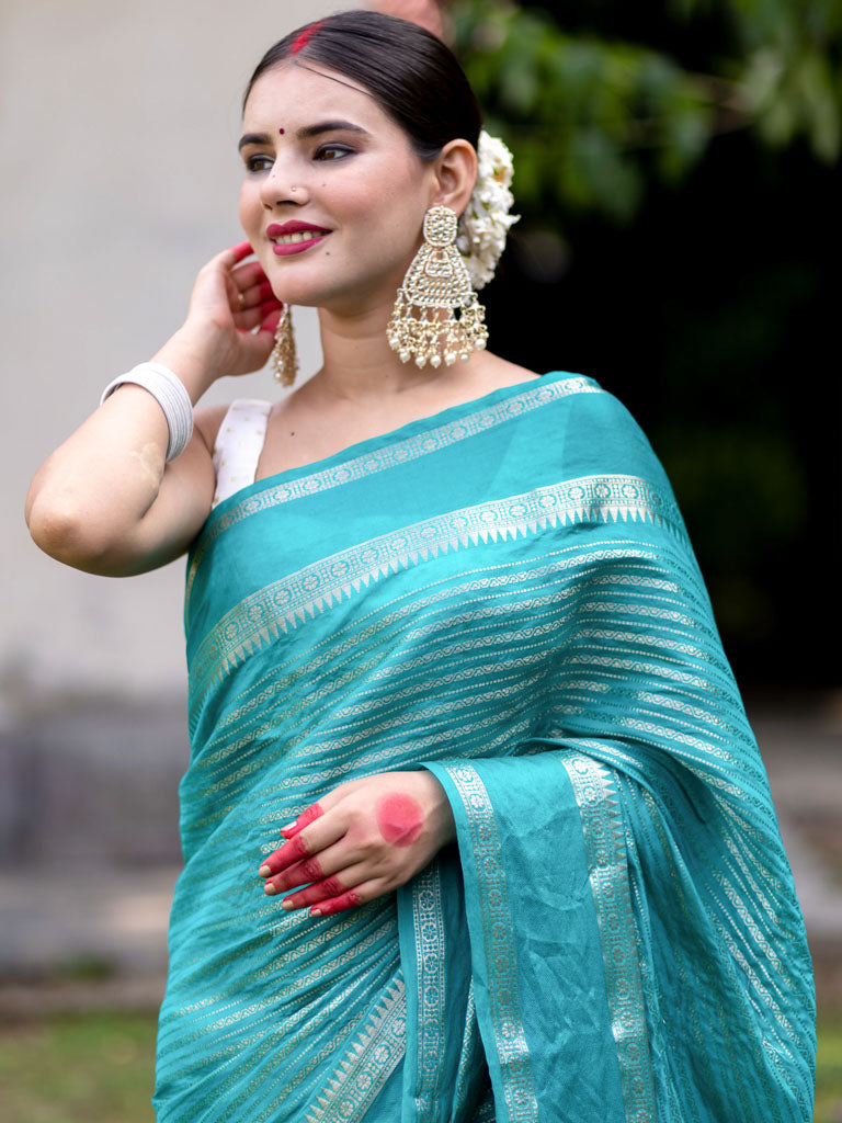 Banarasi Cotton Silk Saree with Satin Border-Blue