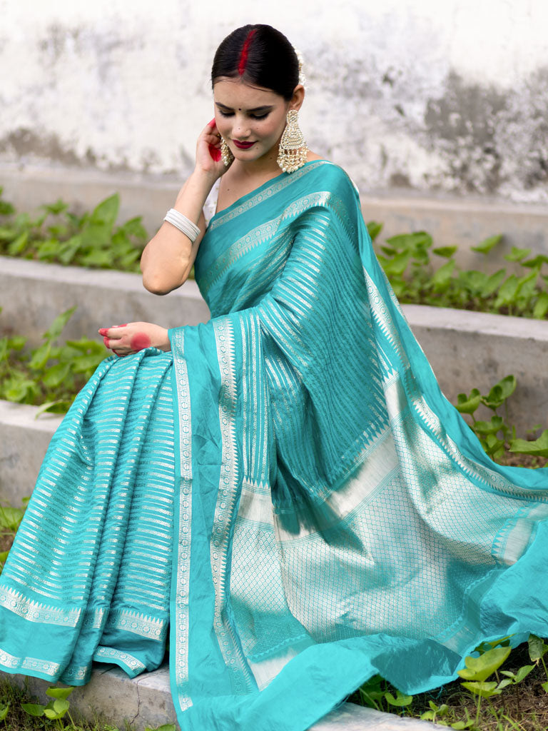 Banarasi Cotton Silk Saree with Satin Border-Blue