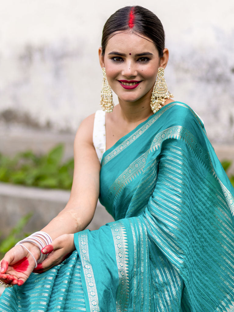 Banarasi Cotton Silk Saree with Satin Border-Blue