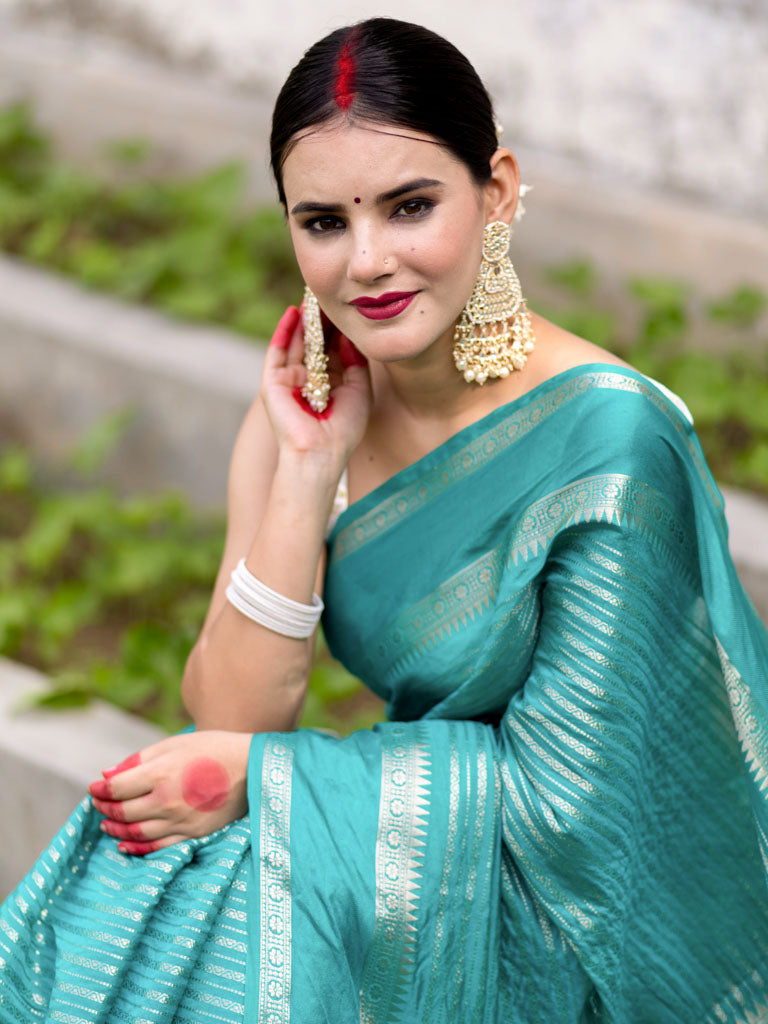 Banarasi Cotton Silk Saree with Satin Border-Blue