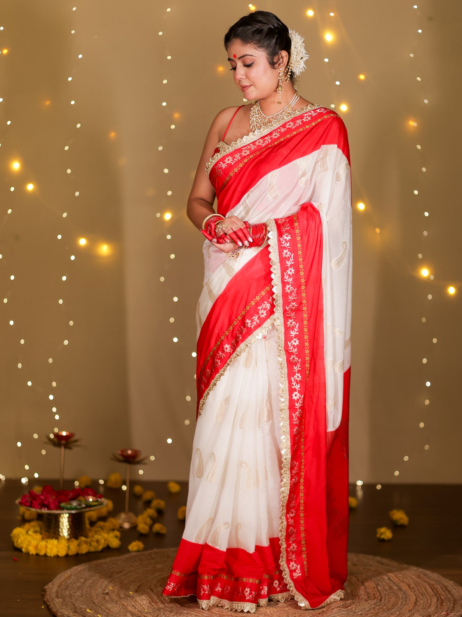 Banarasi Semi Chiffon Saree With Contrast Lace Border- White