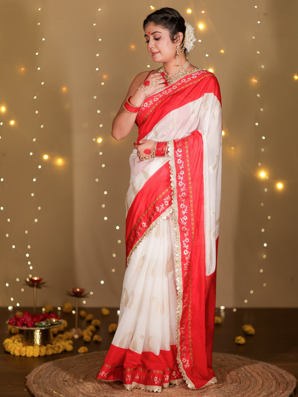 Banarasi Semi Chiffon Saree With Contrast Lace Border- White