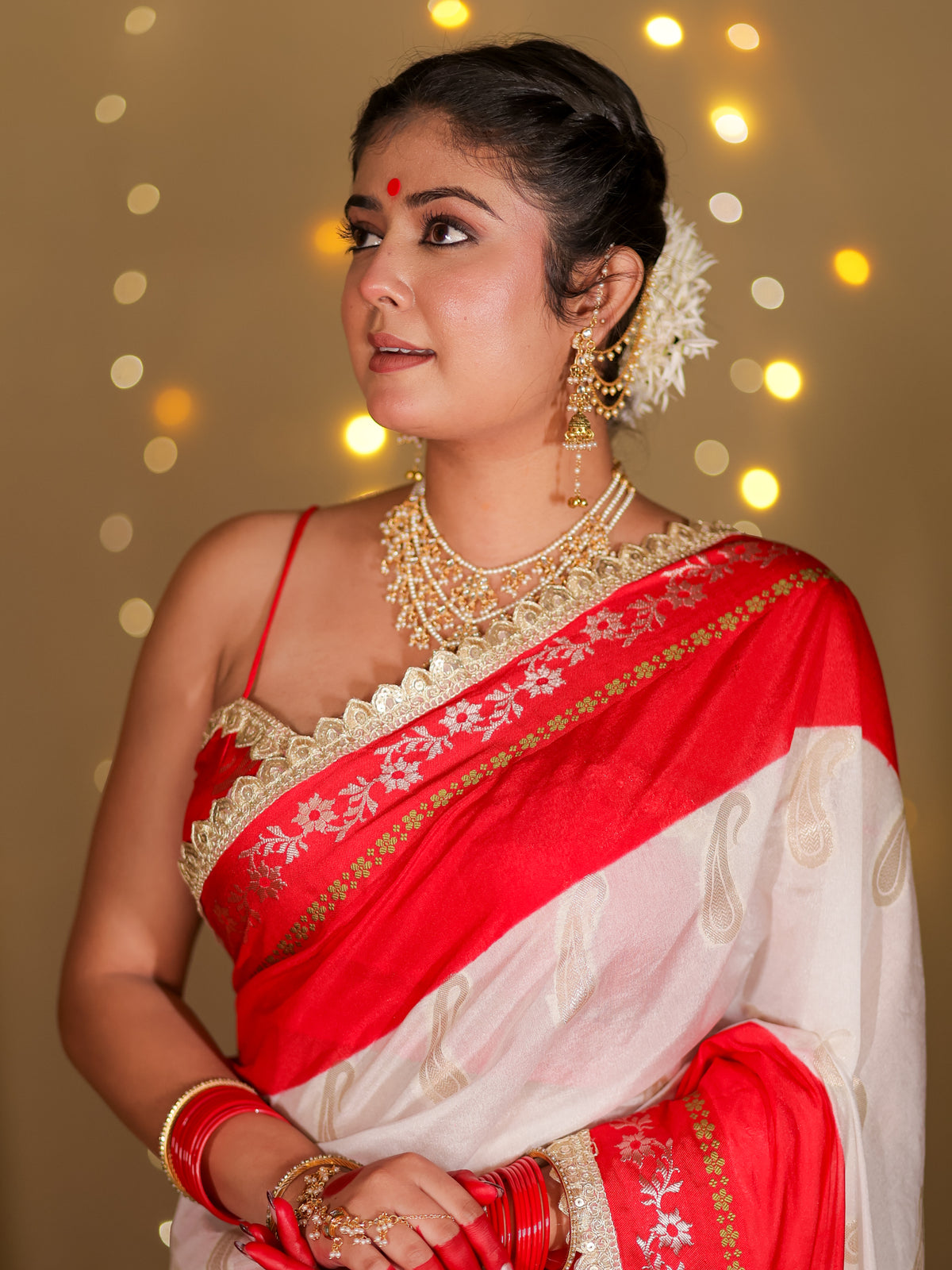 Banarasi Semi Chiffon Saree With Contrast Lace Border- White